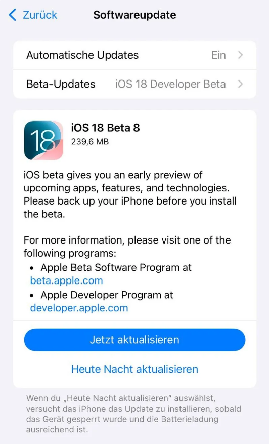 咸阳苹果手机维修分享苹果 iOS / iPadOS 18 开发者预览版 Beta 8 发布 